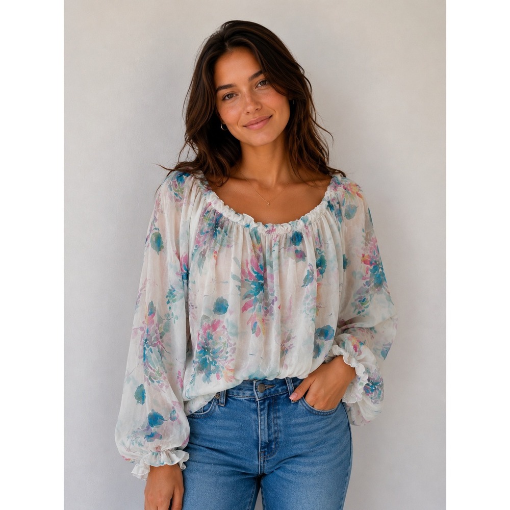 Le Ragazze Italy Silk Watercolor Floral Off Shoulder Blouse Luxury Fairy Girly